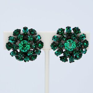 Vintage Schreiner NY UV Glow Emerald Green Rhinestone Cluster Earrings 1950s